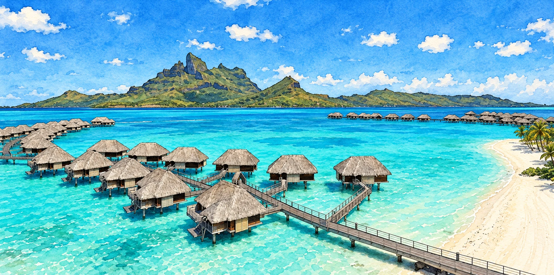 Illustration: Four Seasons Resort Bora Bora — lagoon and mountain view Illustration: Four Seasons Resort Bora Bora — lagoon and mountain view