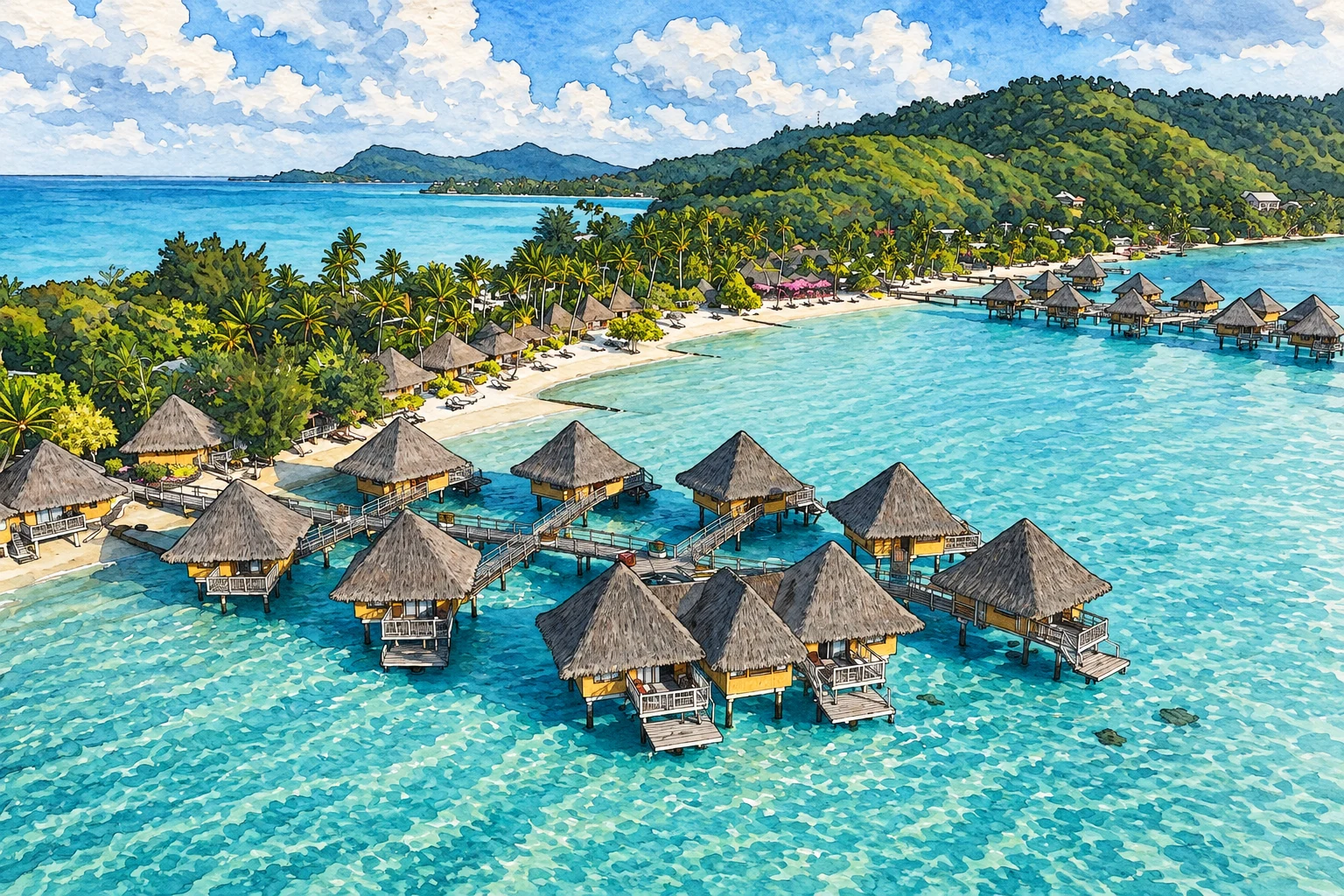 Illustration: InterContinental Bora Bora Le Moana Resort — aerial bungalow view Illustration: InterContinental Bora Bora Le Moana Resort — aerial bungalow view