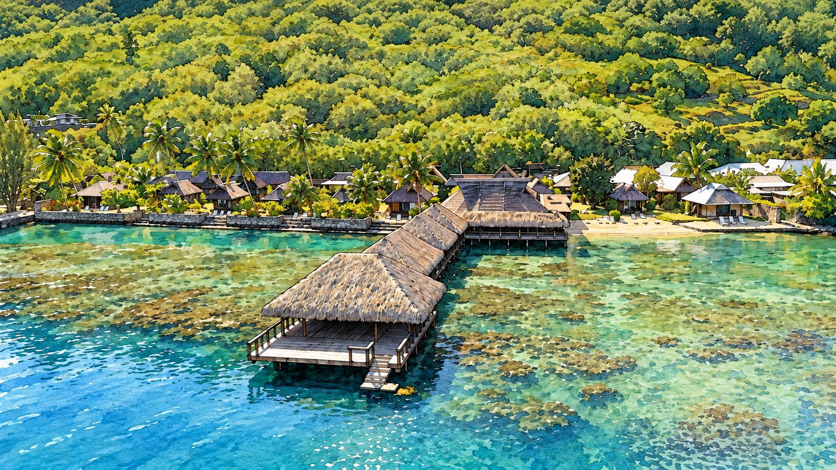 Illustration: Hotel Kaveka — overwater restaurant and hillside Illustration: Hotel Kaveka — overwater restaurant and hillside