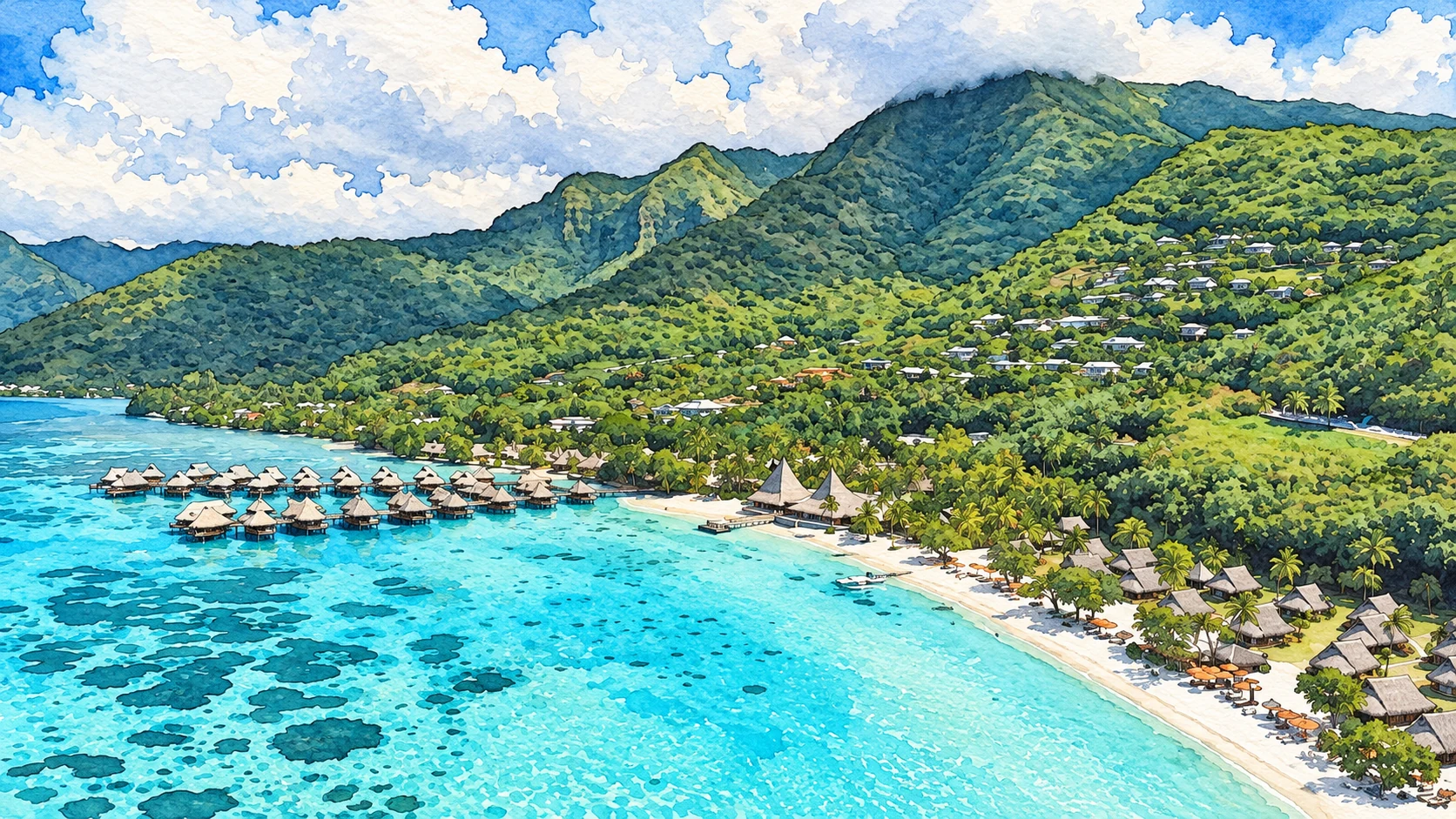 Illustration: Sofitel Kia Ora Moorea Beach Resort — aerial beach view Illustration: Sofitel Kia Ora Moorea Beach Resort — aerial beach view